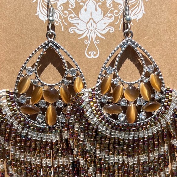 Beaded Earrings Artisan Handmade Jewel Dangle Drop Tassel Long Fringe Sparkle - Picture 2 of 7
